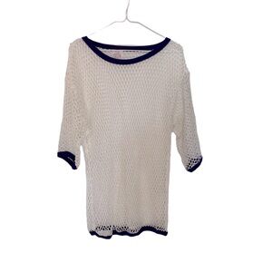 Vintage 80s Women’s Mesh T Shirt White & Purple Open Weave Tunic Y2K Festival